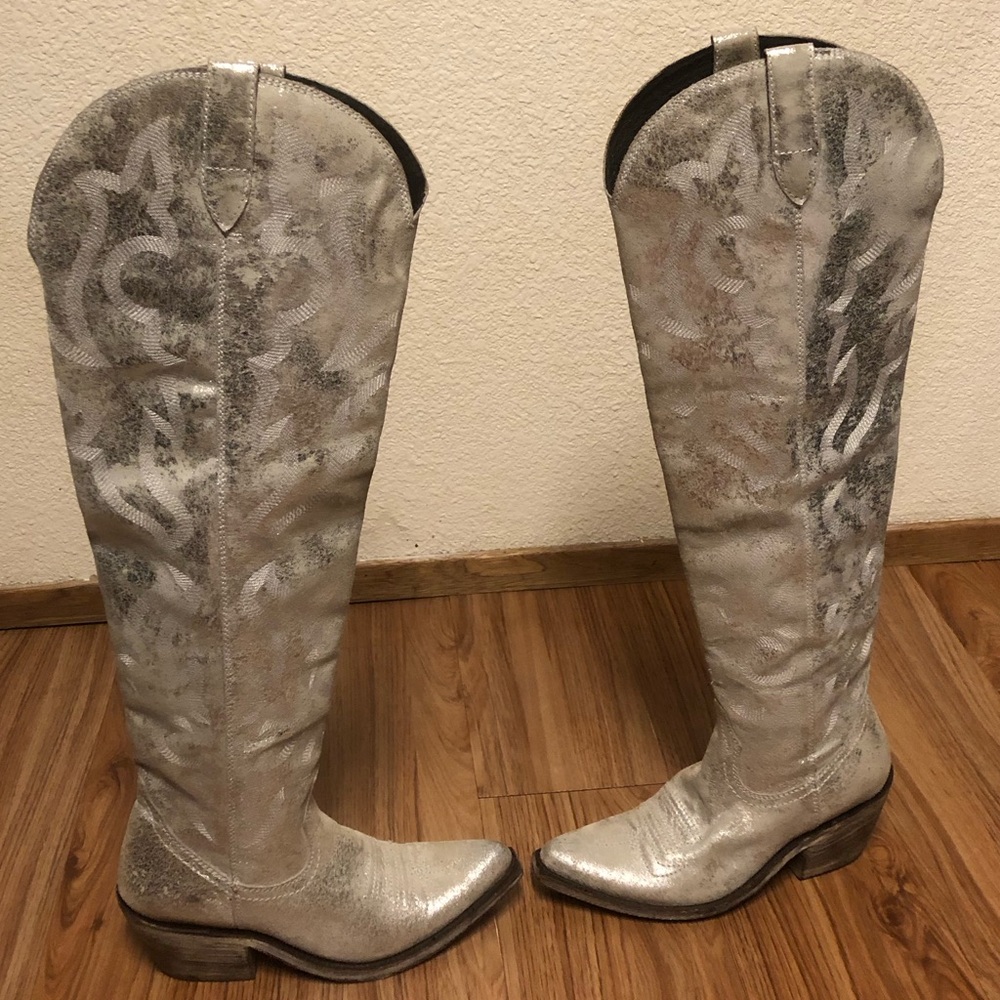 NWOB LIBERTY Black Allysa Metallic Silver Over-the-Knee Boots - Picture 6 of 17
